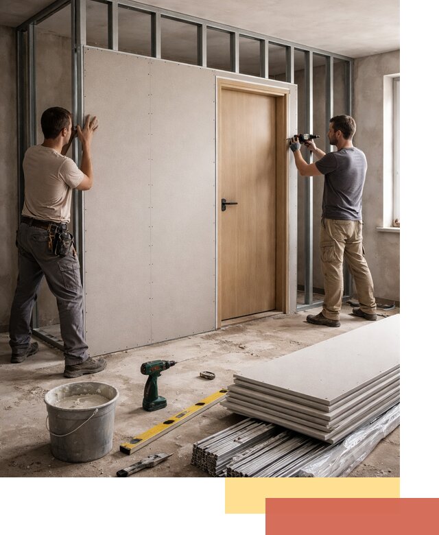 Перегородка из гипсокартона с дверью под ключ в Ялте