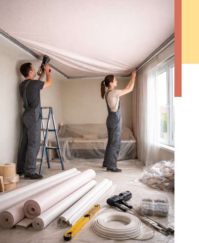 Монтаж цветного натяжного потолка в Ялте от 4291 руб/м² — быстро и недорого | ОТДЕЛОЧНИК-Ялт