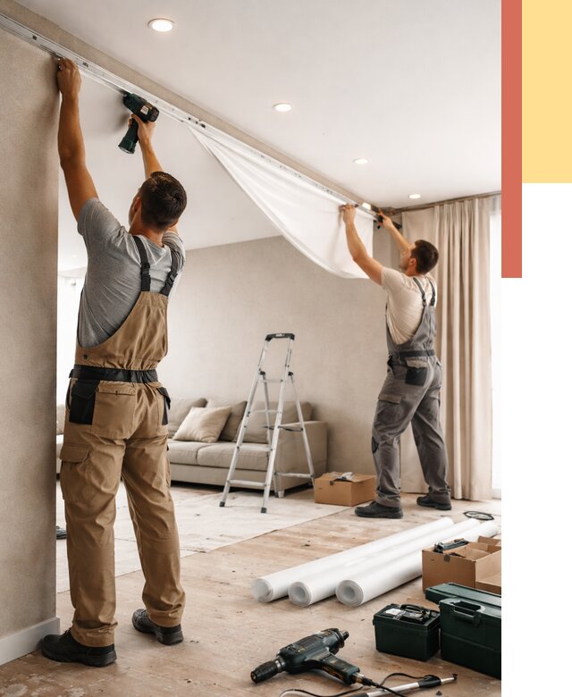 Монтаж натяжного потолка в гостиной в Ялте от 562 руб. | ОТДЕЛОЧНИК-Ялт