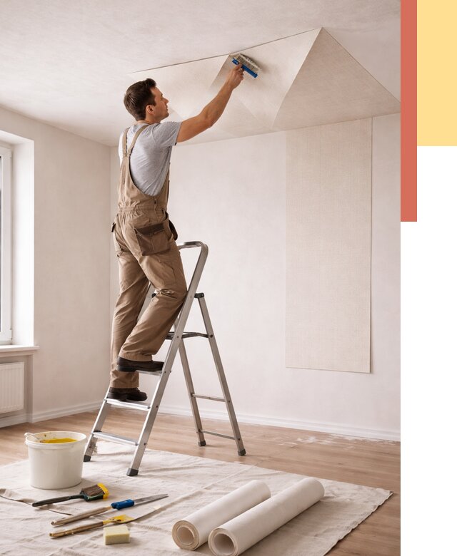 Поклейка обоев на потолок в Ялте от 4597 руб. быстро и недорого | ОТДЕЛОЧНИК-Ялт